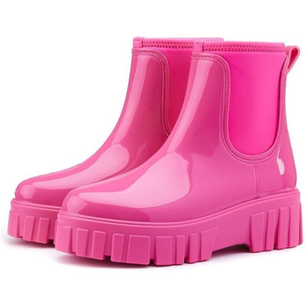 Women's Pink Ankle Boots Waterproof Platform Rubber Chelsea Comfortable Shoes - Picture 5 of 6